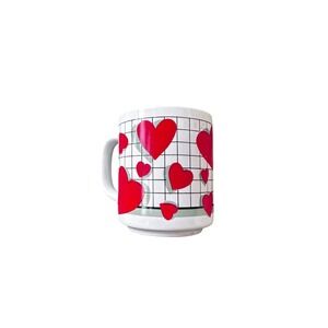 Vintage Six Flags Mug Red Hearts Grid Pattern Retro 80s Theme Park Souvenir